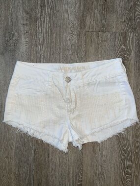 American Eagle stretch White Sequin Frayed Denim Shorts size 4 Y2K festival
